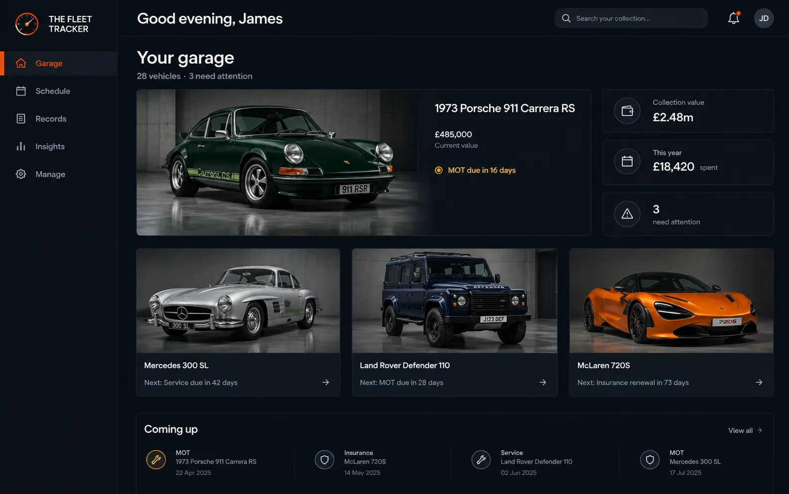 Garage dashboard showing every vehicle, collection value and upcoming MOT, service and insurance dates